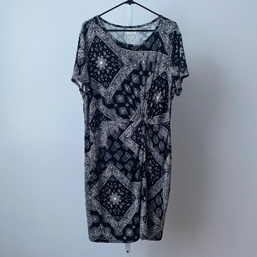 Maurices Boho Bandana Print Ruched Knot Short Sleeve Sheath Dress XL Black